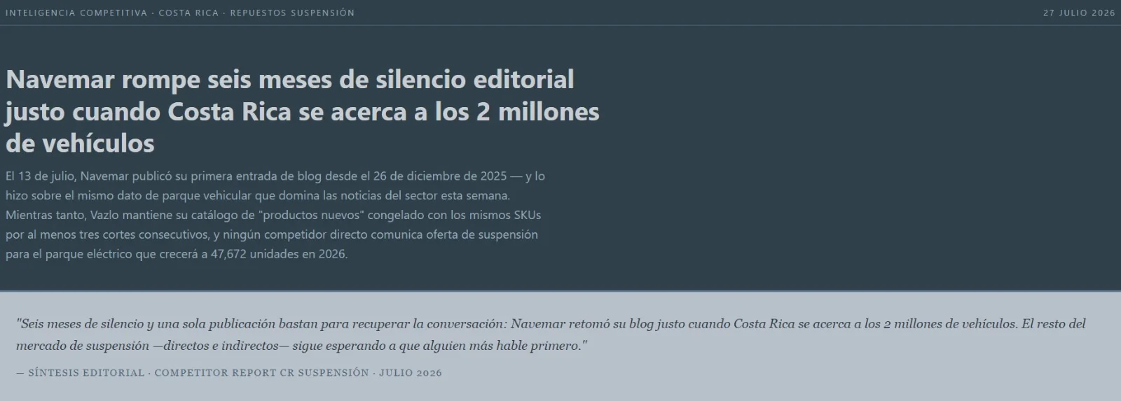 Reporte de inteligencia competitiva que destaca el posicionamiento editorial de Navemar